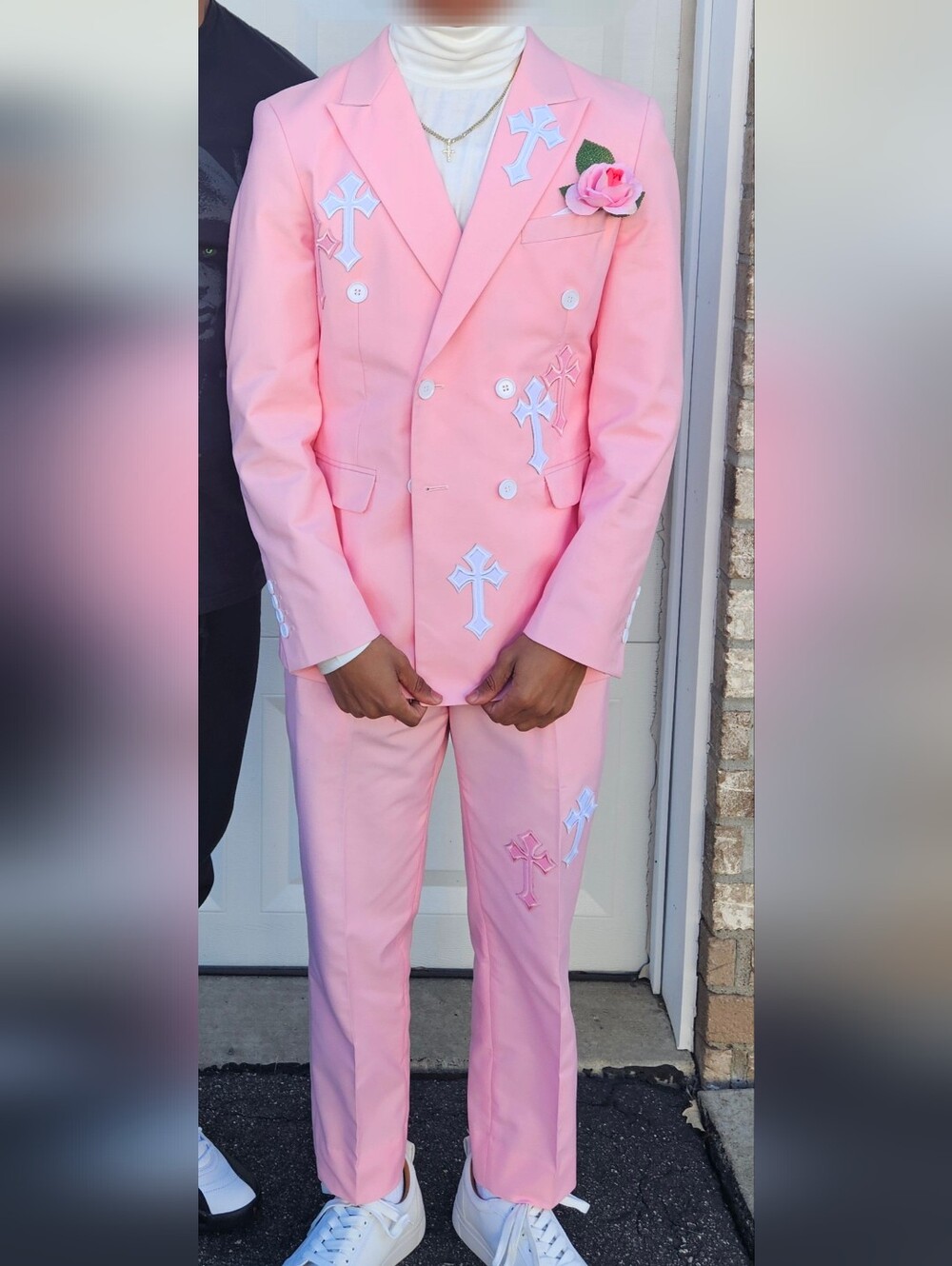 MOGU Pink Double Breasted 2-Piece Suit 30/29 Custom Cross Patches Prom Wedding